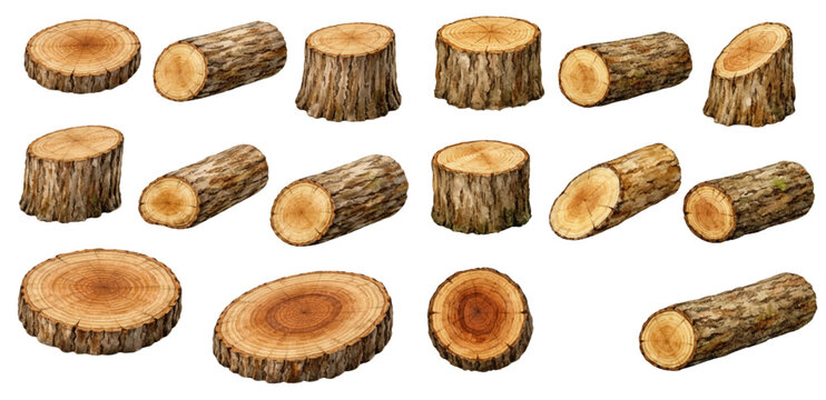 A charming watercolor collection of wood log clipart, including tree stumps, cut trunks, bark texture, and detailed growth rings