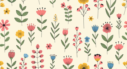 Fototapeta premium Seamless botanical wallpaper inspired by nature and folk art style
