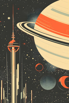 Retro skyscraper and ringed planet in starry deep space.