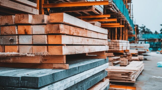 Stacked construction lumber and wood materials neatly arranged in industrial warehouse storage for building projects