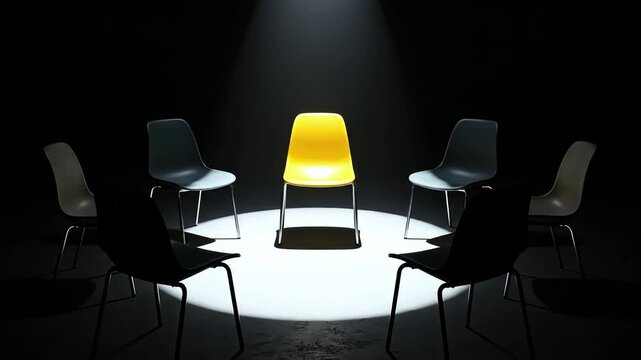 Yellow chair standing out among others in a dark room.