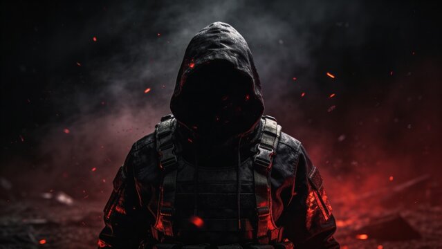 Mysterious hooded soldier in tactical gear, dark cinematic warrior silhouette with red fire embers, dramatic military special forces concept
