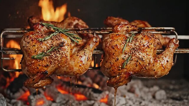 Juicy chicken rotisserie cooking on a grill with rosemary and spices.