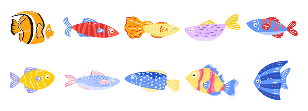 Fish kawaii set with cute children swordfish and underwater aquarium reef. Sea clipart eel with hook puffer squid and vector animal fauna. Illustration ocean fish with chest childlike cute.