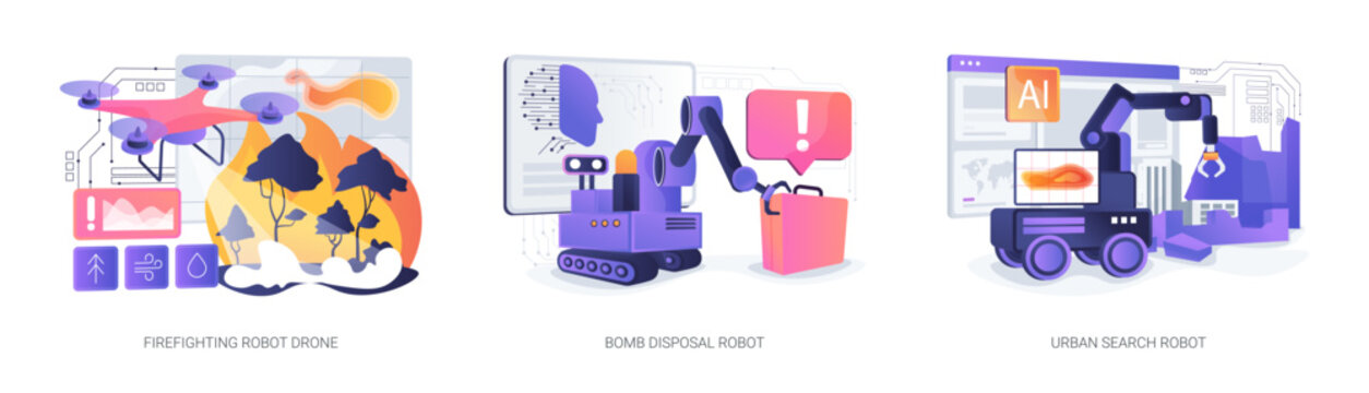 Robots in Emergency and Rescue Ops abstract concept vector illustrations.