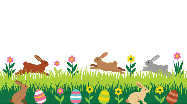 A colorful Easter scene with bunnies and eggs in a grassy field