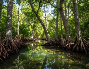 Fototapeta premium Tranquil Mangrove Forest Reflection in Water with Exposed Root Systems and Lush Greenery