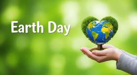 Hand holding Earth Day globe with heart shape.