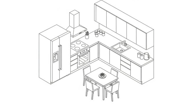 Modern Kitchen Design Blueprint Isometric View.
