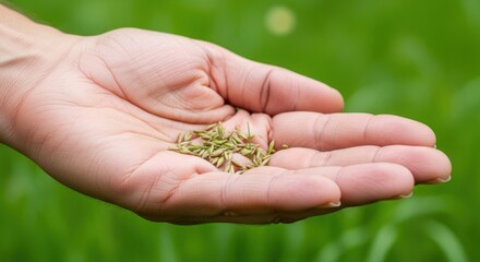 Hand holding grass seeds over green lawn.