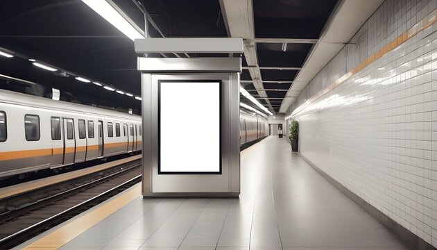 Blank white digital billboard silver frame light box in empty subway train station, open poster advertisement on tile wall background for mockup, design, display, marketing, created with generative ai