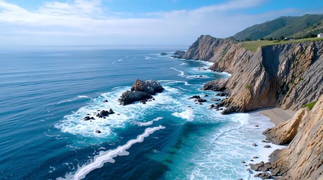 Coastal Majesty: A breathtaking panorama unfolds as the turquoise sea crashes against the rugged cliffs, revealing a coastal landscape of majestic proportions, under a bright, sunny sky.