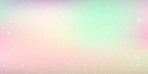 Rainbow unicorn background. Pastel pink color sky with stars. Holographic fantasy print with bokeh. Vector wallpaper for princess girl design © Qiana
