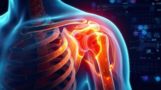 Medical animation of shoulder joint pain. Red glow indicates inflammation in the humerus and rotator cuff area with futuristic HUD interface.