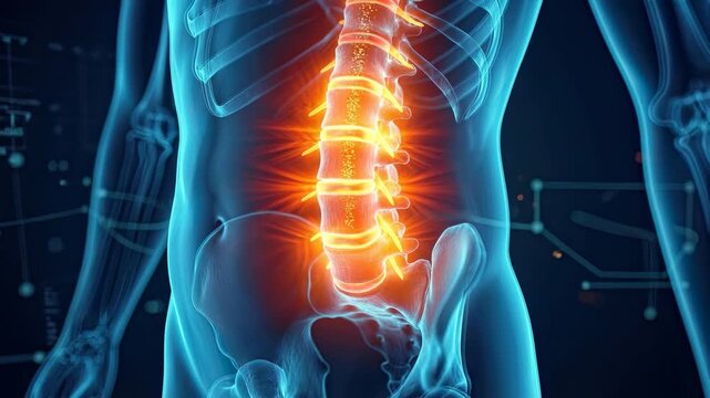 Anatomical visualization of lower back pain. Red highlight on the lumbar spine and sacrum area with digital data elements.