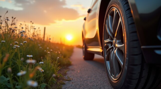 Close-up of car tire on asphalt road, with a field of flowers at sunrise 
