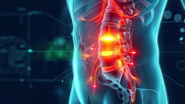 Medical animation of lower back and nerve pain. Red glowing nodes indicate inflammation in the lumbar spine with holographic interface.
