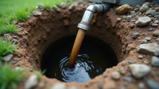 Inserting a 4-inch suction hose into a residential septic system to extract household wastewater 
