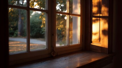 Fototapeta premium Golden sunlight streams through a window casting dramatic shadows on a wooden ill with a blurred natural view