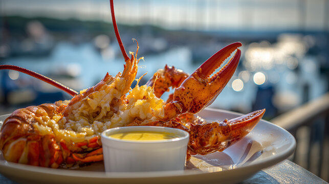 Maine Lobster Festival, Grilled Lobster with Butter Sauce Served at Maine Lobster Festival Harbor Side Table