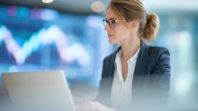 Visionary in the Office: A focused businesswoman, clad in elegant attire, meticulously analyzes data on a laptop, her gaze fixed with purpose and intent in modern office setting.