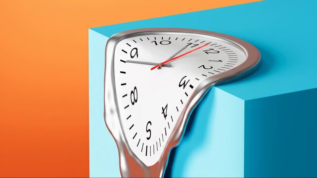 Surreal melting clock dripping over edge of blue cube on orange background