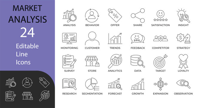Market Analysis and Business Intelligence line icon set. Contains symbols for data analytics, trends, and strategy. Line vector design for business reports and marketing presentations.
