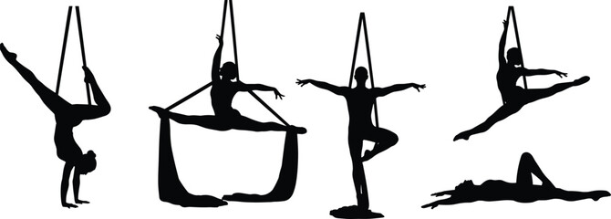 aerial silk acrobatics silhouettes, circus performance vector illustration, gymnastic aerial dance poses, , flexibility strength balance, creative fitness concept artwork © Jui Creatives
