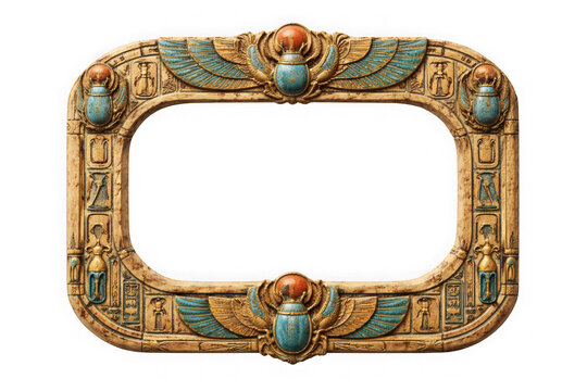Ornate Egyptian frame with winged scarabs on transparent background