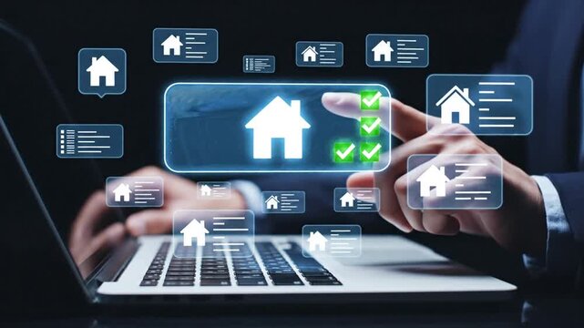 Person interacting with virtual real estate interface on laptop screen displaying various house icons and information panels