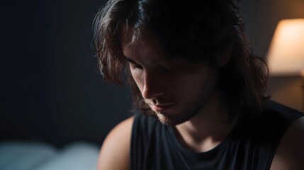 Young man looking down in soft shadow and dim light contemplative mood