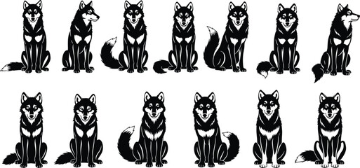husky dog silhouettes vector illustration, black white artwork, sitting husky poses, cartoon animal design, pet breed identification concept, decorative character artwork © Jui Creatives