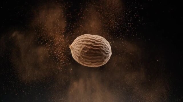 Nutmeg dust bursting in soft motion while whole nutmeg floats at the center, sparkling under controlled studio lighting
