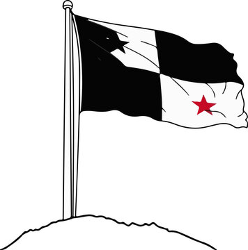 Waving black, white flag with two red stars on a pole