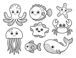 Cute Cartoon Ocean Animals Coloring Page for Kids © Mahbub