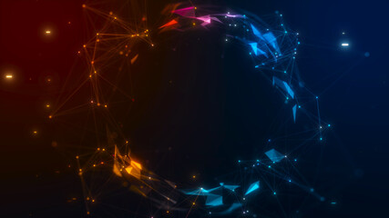 Abstract digital network connection with glowing polygon particles forming a circular frame on dark background. Concept artificial intelligence, big data, futuristic technology global communication