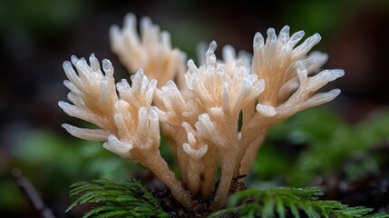 Delicate pale fungus with branching tendrils emerging from damp earthy soil and mossy ground, showcasing intricate natural patterns