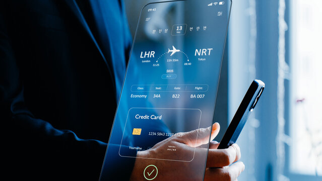 Man holding futuristic glass phone with airline boarding pass and bank card details, secure mobile payment fintech app, digital wallet transaction, contactless travel purchase technology innovation