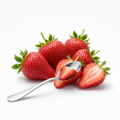 Fresh red strawberries with silver spoon on white background representing healthy eating and organic fruit snack