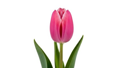 Naklejka premium Single pink tulip flower with green leaves against a white background, close-up studio shot, elegant spring bloom, symbol of love and beauty, natural detail