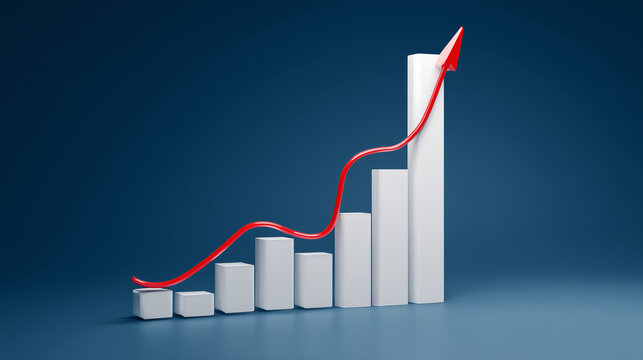Gr&aacute;fico de barras com linha ascendente e seta no topo, simbolizando crescimento econ&ocirc;mico, aumento de receita, valoriza&ccedil;&atilde;o e evolu&ccedil;&atilde;o dos investimentos.