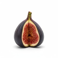 Single fresh purple fig cut open showing interior seeds and pulp isolated on plain white background studio shot
