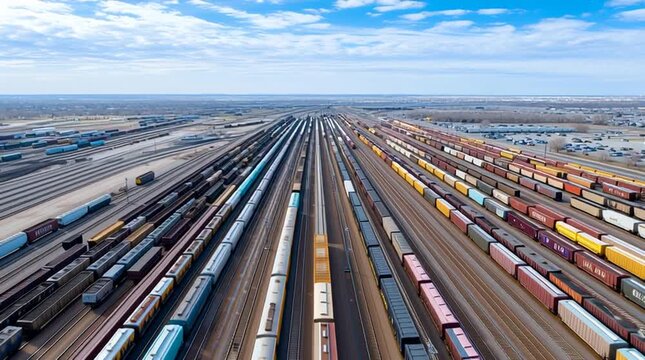 Aerial Railroad Panorama: An expansive view of a rail yard, showcasing a multitude of freight train cars stretching towards the horizon, symbolizing logistics and transportation. 