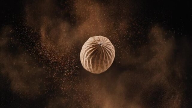 Macro shot of nutmeg dust bursting in soft motion while whole nutmeg floats at the center, sparkling under controlled studio lighting