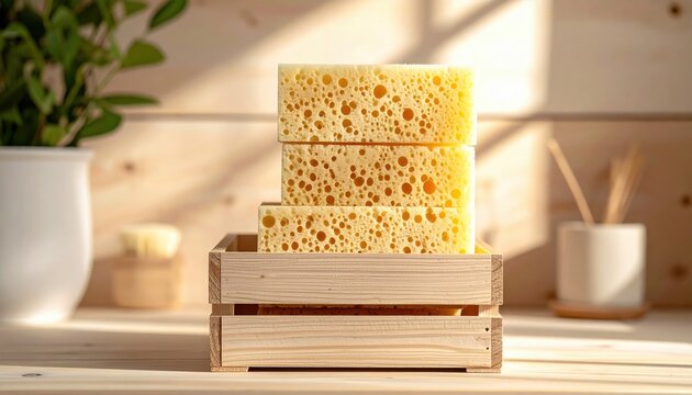 High-resolution photograph of FlyPro Firefly biodegradable cleaning sponges neatly stacked in a minimalist wooden crate under warm diffused light, showcasing an eco-friendly product.