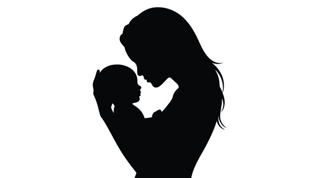 Silhouette of a mother gently kissing her baby on the forehead with love and care on a white background
