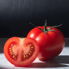 Whole and half fresh red tomato on table, healthy eating and cooking concept with dark background
