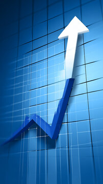 Gr&aacute;fico corporativo azul com seta crescente representando avan&ccedil;o financeiro, crescimento de mercado e resultados positivos em investimentos
