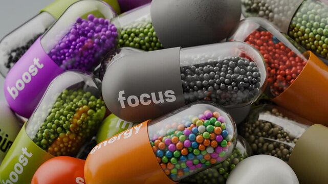 Assorted colorful supplement capsules with focus energy and health labels for mental and physical wellness