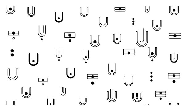 Seamless pattern with abstract hindu tilak symbols and geometric shapes in black and white